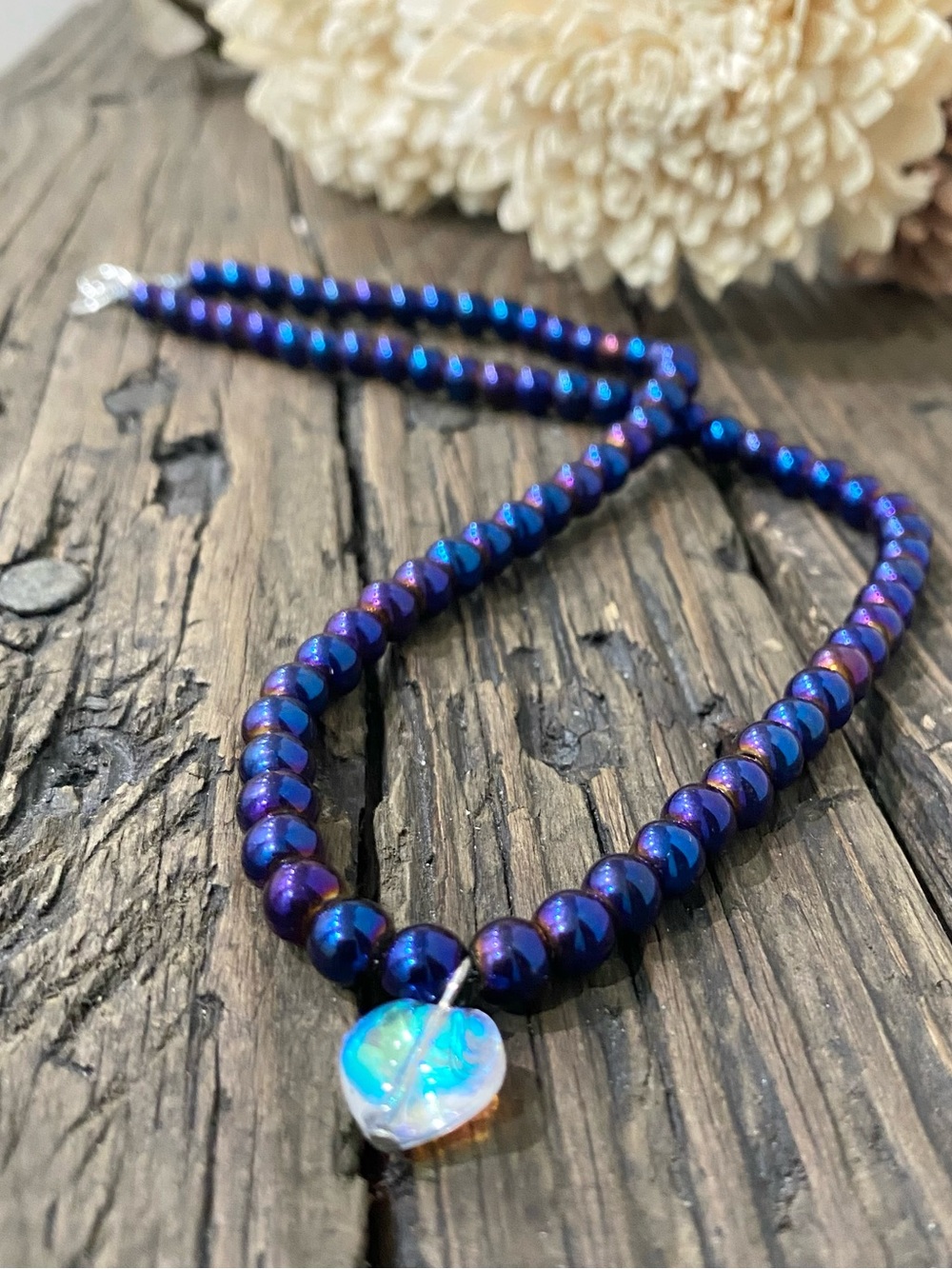 Blue Purple Glass Bead Necklace with Heart Pendant